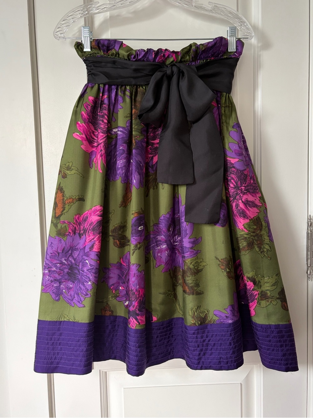 100% Silk Floral Full Skirt, Olive Green, Purple & Fuchsia, S/M